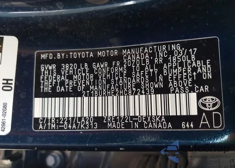 2017 Toyota Corolla Xse z USA, uszkodzony, nr VIN 2T1BURHE2HC872439